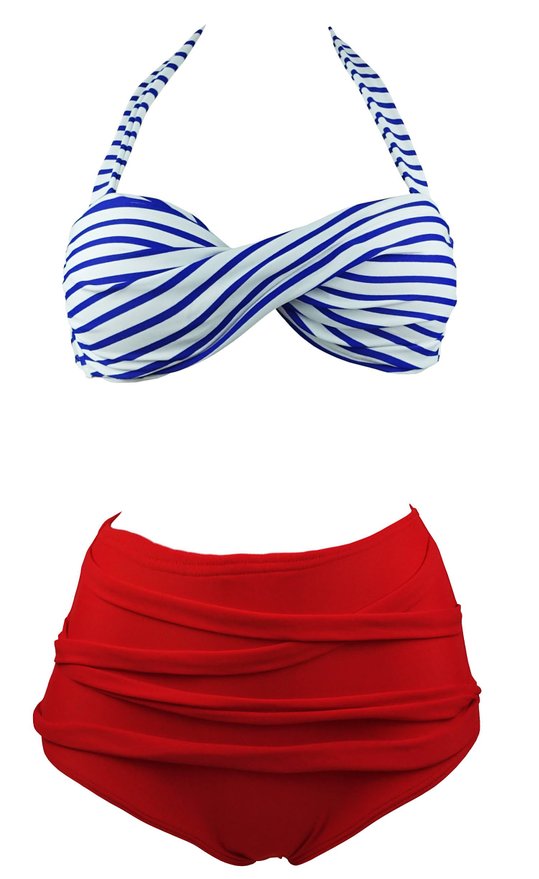 Cocoship Retro Polka Stripe Bow Vintage High Waisted 2 Pieces Bikini SwimsuitFBA