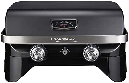 Campingaz 2100 LX Attitude 2100 LX Gas Grill, Portable Table Top Grill, 2 Steel Burners, 5 kW Power, Camping Gas Barbecue with Lid, Thermometer, Grill Grid and Plancha, Black