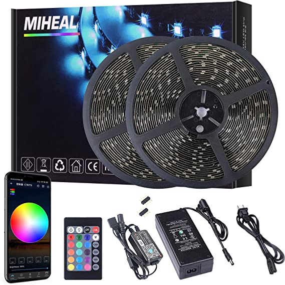 Miheal WiFi Wireless Smart Phone Controlled Led Strip Light Kit with DC 24V UL Listed Power Supply Waterproof SMD 5050 65.6Ft(20M) 600leds RGB Music LED Light Strip Compatible with Android, iOS Alexa(Black pcb)
