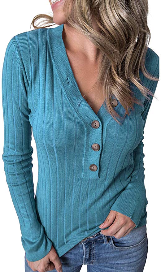 MEROKEETY Women's Long Sleeve V Neck Ribbed Button Knit Sweater Solid Color Tops