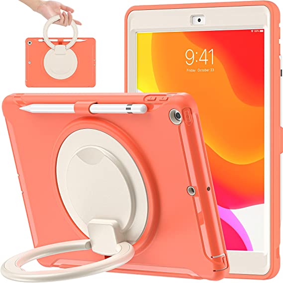 BATYUE iPad 9th/ 8th/ 7th Generation Case (iPad 10.2 Case 2021/2020/2019) with Screen Protector,Rugged Case with Rotating Stand/Pencil Holder/Pencil Cap Holder (Coral Orange)