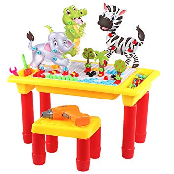 BIRANCO. Learning & Activity Block Table - Building Set with Storage, Drill Tool Plus 1 Toddler Chair STEM Toys for Kids Age 3, 4, 5, 6 Years Old