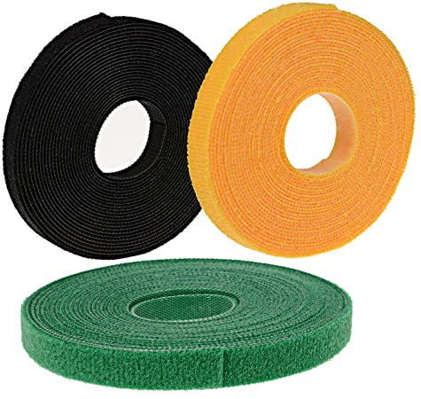 Oldhill Fastening Tapes Hook and Loop Reusable Straps Wires Cords Cable Ties - 1/2" Width, 15' x 3 Rolls (Black, Green, Yellow)