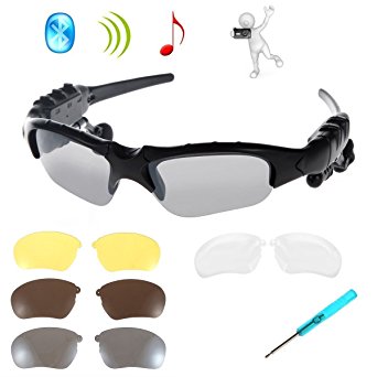 WONFAST® Black Bluetooth Sunglasses Sun Glasses Music Handsfree Headset Headphones for Smart Phone PC Tablet IPHONE6 /6 PLUS Samsung HTC Bluetooth devices   Free Replaceable 3 pair lens (Yellow,Brown,Clear)