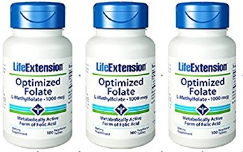 Life Extension Optimized Folate (L-Methylfolate), 1000 mcg 100 vegetarian Tablets (3 Pack) by Life Extension