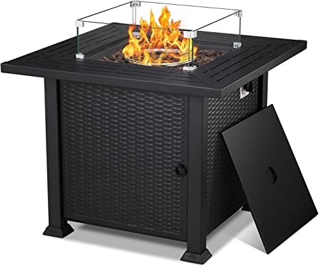 R.W.FLAME Fire Pit Table 32in Square Metal Firepits Stove - Propane Fire Pit Table with Lava Rocks, Galss Wind Guard Steel Fire Pit for Picnic, Bonfire Patio Garden Fireplace, 50000 BTU