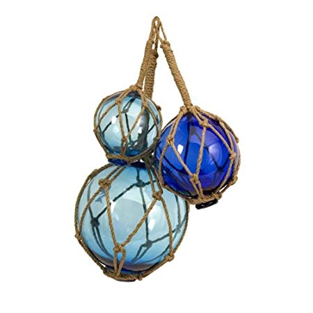 IMAX 50890-3 Buoyant Glass Floats in Blue - Set of 3 Glass Fishing Net Floats - Coastal Indoor and Outdoor Accessory. Decorative Accessories