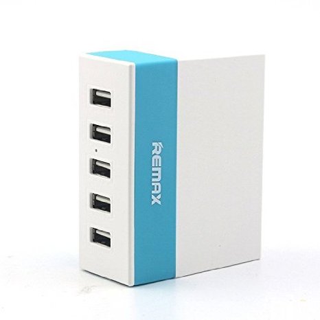 Remax 5 Port Phone USB Charger, MultiPort USB Charger Desktop Hub for iPhone, iPad, Samsung Galaxy and More Youth Edition 10A, Blue