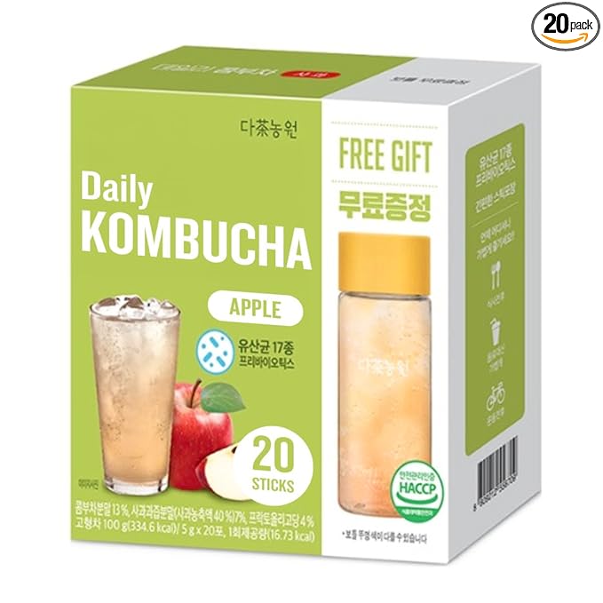 Garden Kombucha Tea, Powder 5g x 20 Sachets (100g/3.52oz) Probiotics, Prebiotics, Sugar Free, Black Tea, Healthy Drink with Bottle (FREE BOTTLE SHAKER) (APPLE)