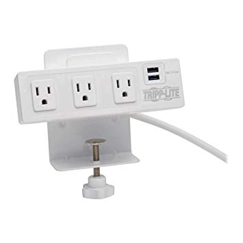 Tripp Lite Surge Protector Power Strip 3-Outlet with 2-Port USB Charging Ports, Desk Clamp, White 510 Joules (TLP310USBCW)