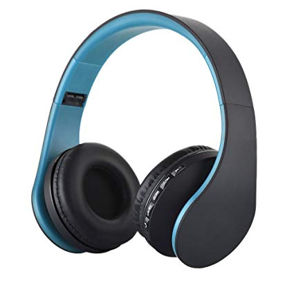 Over-ear Wireless Headphone,WONFAST Foldable 4 in 1 Bluetooth and Wired Stereo Hands-free Calling Headset with Microphone for iPhone Samsung,Support FM Radio,MP3 Player (Black/Blue)