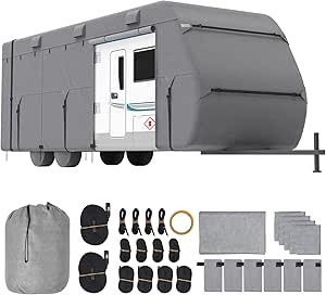 VEVOR Travel Trailer Cover, 18-20 ft RV Cover, 4-Layer Non-Woven Fabric Camper Cover, Waterproof, Windproof and Rip-Stop Class A RV Cover, with Storage Bag, Repair Patches, Straps and Tire Covers