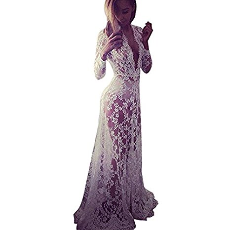 Wispun Sexy Deep-V Long Sleeve Lace Beach Dress See-through Mullet Dress