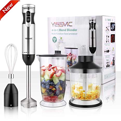 YISSVIC Hand Blender 1000W 700ml Immersion Blender 9 Speed Control 4-in-1| [2019 Updated]Powerful Stick Blender| Chopper| Whisk| BPA-Free| 500ml Food Grinder for Soups Sauces Smoothie Puree Infant Food