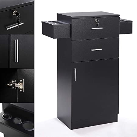 3-layer Beauty Salon Storage Cabinet w/Hair Dryer Holder Lockable Styling Station Black