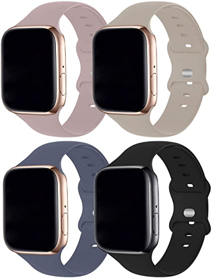 RUOQINI 4 Pack Compatible with Apple Watch Band 38mm 40mm,Sport Silicone Soft Replacement Band Compatible for Apple Watch Series SE/6/5/4/3/2/1 [S/M Size -PinkSand/Stone/Lavender Gray/Black]