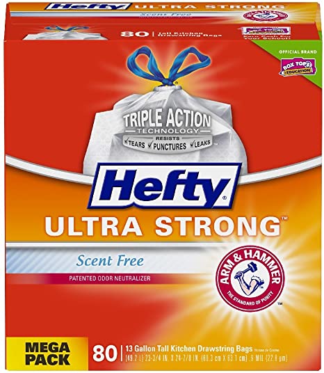 Hefty Ultra Strong Trash Bags (Scent Free, Tall Kitchen Drawstring, 13 Gallon, 80 Count) – Fits All Simplehuman Size J Cans