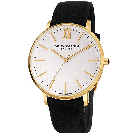 Bruno Magli Women's Roma 1222 Swiss Quartz White Dial with Black Italian Suede Leather Strap Watch