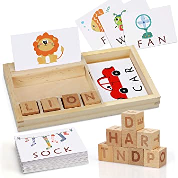 TOY Life Spelling Games for Kids Ages 2 - 4 - 8 - Alphabet Learning Games Wooden Letter Blocks Picture Flash Cards for Toddlers - Toddler Letter Spelling Games – Sight Word Games Vocabulary Spelling