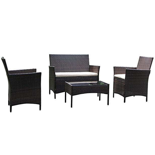 On Patio Furniture Ratten Dining Sets 4PCS With Beige Cushion, Outdoor Wicker Sofa