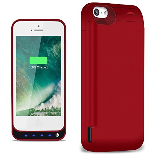 iPhone 5 / 5S / 5C / SE Battery Case,TQTHL Update [4800mAh] External Battery Backup Protective Charger Case for iPhone 5 / 5S / 5C / SE (Built-in USB Output Power Bank) LED Indicator Light - Red