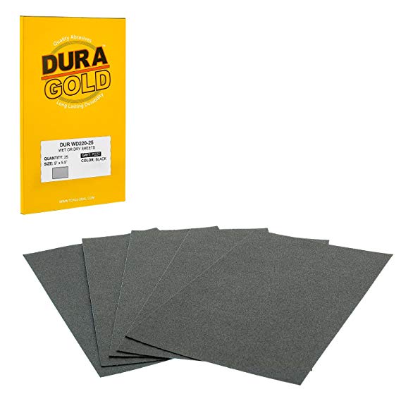 Dura-Gold - Premium - Wet or Dry - 220 Grit - Professional Cut to 5-1/2" x 9" Sheets - Color Sanding and Polishing for Automotive and Woodworking - Box of 25 Sandpaper Finishing Sheets