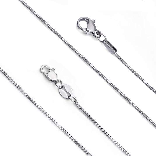 LOLIAS 2 Pcs Stainless Steel 1mm Round Snake Chain Box Chain Necklace Super Thin & Strong,16-30 Inch