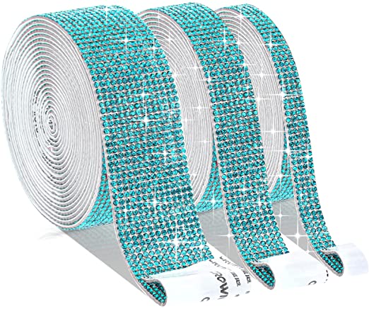 3 Rolls Self-Adhesive Crystal Ribbon Rhinestone Diamond Ribbon Wrap Roll DIY Bling Sticker with 2 mm Rhinestones for Arts Crafts, DIY Event Car Phone Decoration (Lake Blue,6.6 Yards)