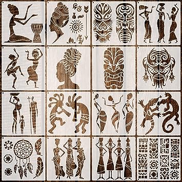 16 Pieces African Tribal Stencils Congo Mask Stencil Tribal Faces Stencil African Stencil Template Tribal Wall Painting Stencil and Metal Open Ring for Painting on Wood Wall Decor