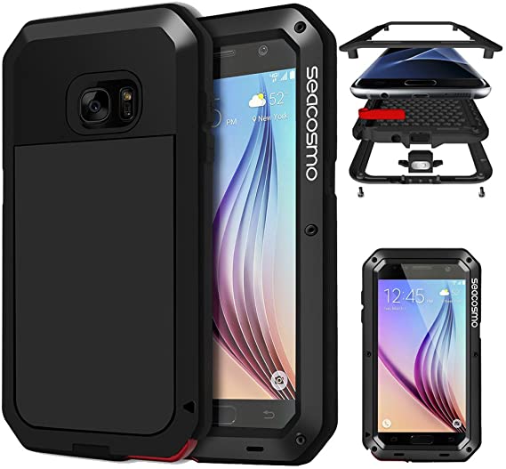 Galaxy S6 Case with Screen Protector, Seacosmo Full Body Rugged Armor Aluminum Metallic Shockproof Scratch-Resistant Dual Layer TPU Bumper Case for Samsung Galaxy S6, Black