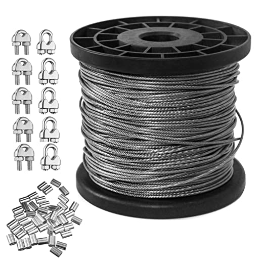 328 Feet Vinyl Coated Wire Rope Kit,1/16 Inch Diameter 304 Stainless Steel Wire Rope Cable,7X7 Strand with 50 PCS Aluminum Crimping Loop and 10 PCS Clamp