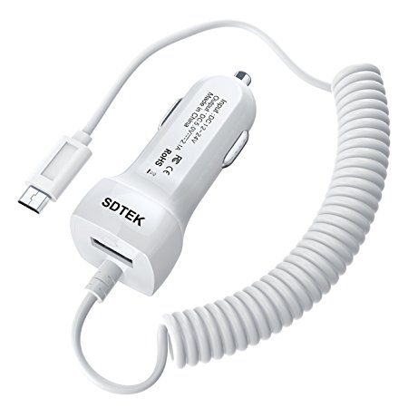 SDTEK Pro Car Charger for Micro USB Samsung Galaxy S3 S4 S5, J3 J5 J7 2015 2016 2017, Asus Zenfone, Note HTC Blackberry Huawei Nokia   Additional Charging Port - Coiled Cable Fast Charge 2.1A for use with Car 12V (Cigarette Lighter Socket) (White)