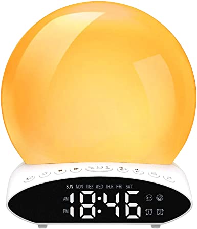 Sunrise Alarm Clock,Wake Up Light Sunrise Alarm Clocks with LED Display Sunset Simulation Alarm Clocks Time Projection FM Radio Function Brightness Adjustable Sleep Aid Night Light
