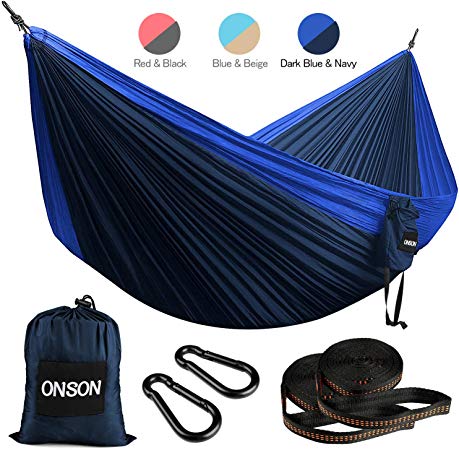 ONSON Camping Hammock, Lightweight Nylon Portable Hammock, Best Parachute Double Hammock for Outdoor Activities