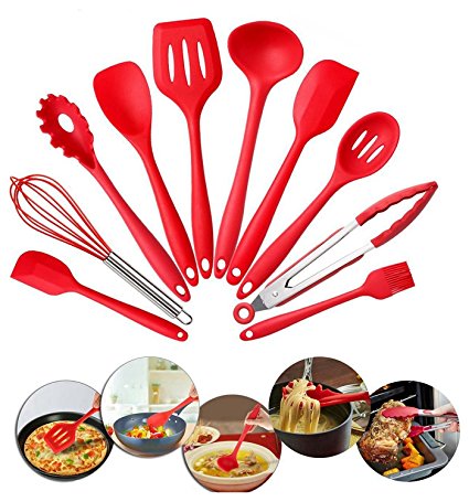 Sotijobs 10 Pcs/Set Premium Silicone Kitchen Cooking Utensils Kit,Non-stick Heat Resistant Hygienic Kitchen Gadgets with Spoonula,dBrush,Whisk,Large and Small Spatula,Ladle,Slotted Turner an Spoon,Tongs and Pasta Fork (red)