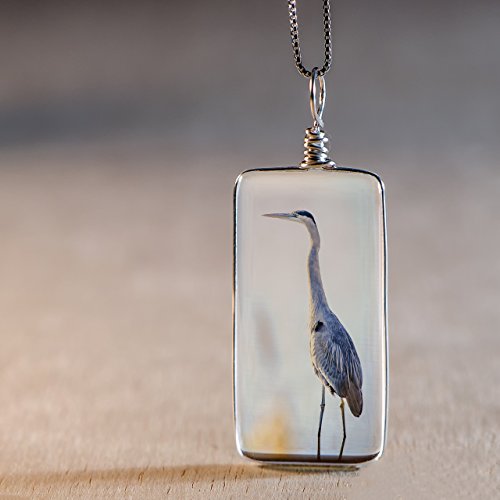 Handmade Glass Bird Necklace on Sterling Silver: Original Great Blue Heron Image Fused to Artisan Made Pendant on Italian Sterling Silver Box Chain