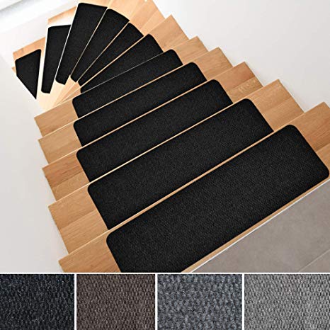 iCustomRug Indoor Outdoor Bevelled Non-Slip Stair Treads, Set of 7, Safety Grip for Children, Animals and Elders. 8.5" x 30" Pieces in Black with White Fibers