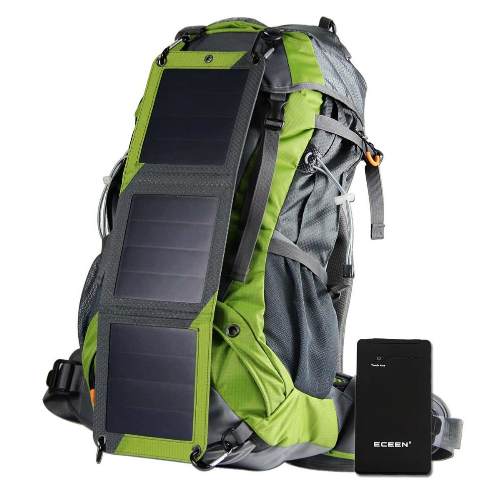 ECEEN Solar Powered Backpack External Frame Hiking Bag Pack with Solar Charger Panel and 10000 mAh Power Bank for Cell Phones Tablets Digital Cameras Etc 5v Device Charge