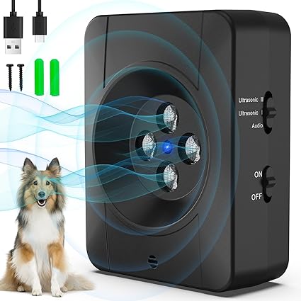 Boitier Anti Aboiement avec 3 Modes, Automatique Anti Aboiement Chien Voisin avec 4 Emetteurs à Ultrasons, Audio et Ultrasons Dispositif Anti-aboiement, Rechargeable et Etanche, Intérieur Extérieur