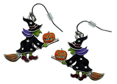 Halloween Drop Dangle Earrings Witch on a Broom Stick | Cool Ear Ring Style Silver Plated Gift Idea