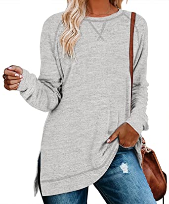 Aokosor Women's Long Sleeve Loose Casual Fall Pullover Side Split Tunic Tops