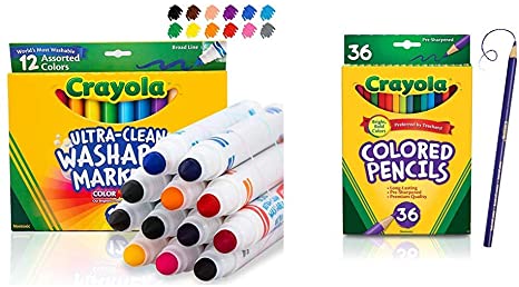 Crayola 12 Ct Ultra-Clean Washable Markers & Colored Pencils Set, School Supplies, Presharpened, 36 Count