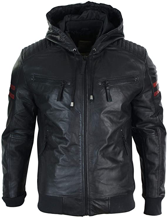 Mens Black Hood Real Leather Bomber Jacket Red Stripes Quilted Slim Fit Casual