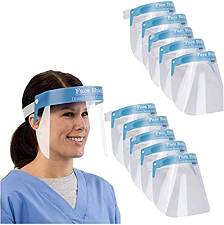10 x Adjustable Plastic Transparent Face Visor | Full Face Protective Shield Visor | Face Shield with Comfortable Sponge and Adjustable One Size Fits All (Light Blue 10 pack)
