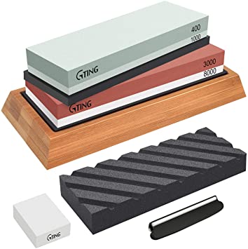 Whetstone Knife Sharpening Stone Set,G-TING 400/1000 and 3000/8000 Grit Whetstone Sharpener,Flattening Stone,Polishing Tool for Kitchen Knives,Pocket Knives,Blade,Hunting