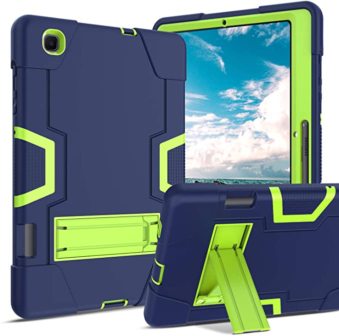 DUEDUE Samsung Tab S6 Lite 10.4" Case,SM-P610/P615 Heavy Duty Shockproof Hybrid Hard PC Cover with Durable Kickstand High Impact Full Protective Case with S Pen Holder for Galaxy Tab S6 Lite 2020, Navy Blue/Green