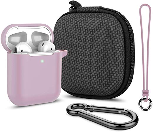 Airpods Case, Music tracker Thicken Protective Airpods 2 Cover Soft Silicone Earbuds Case [Front LED Visible] with Carabiner/Anti-Lost Lanyard/EVA Storage Bag for Apple Airpods Gen 2 (Greyish Purple)