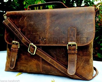 Handolederco 16" Vintage Rustic Buffalo Hide Leather Messenger Satchel Laptop Briefcase Shoulder Bag for Men's and Women