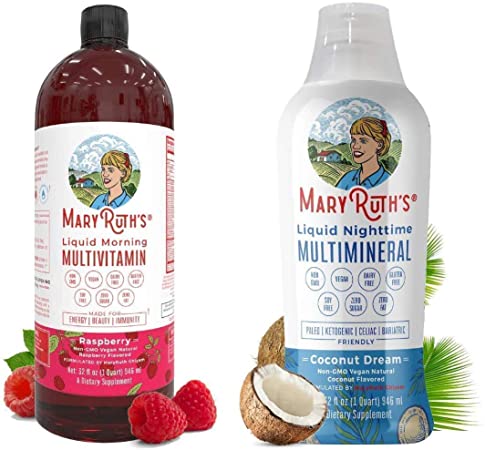 Liquid Multivitamins & Minerals Bundle by MaryRuth's | Morning Liquid Vitamins (Raspberry), 32oz | Liquid Sleep Multimineral (Coconut), 32oz | Vegan, Paleo, Gluten Free, Sugar Free