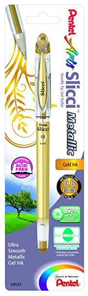 Pentel Arts Slicci Metallic 0.8 mm Needle Tip Gel Pen, Gold Ink, 1 Pack (BG208BPX)